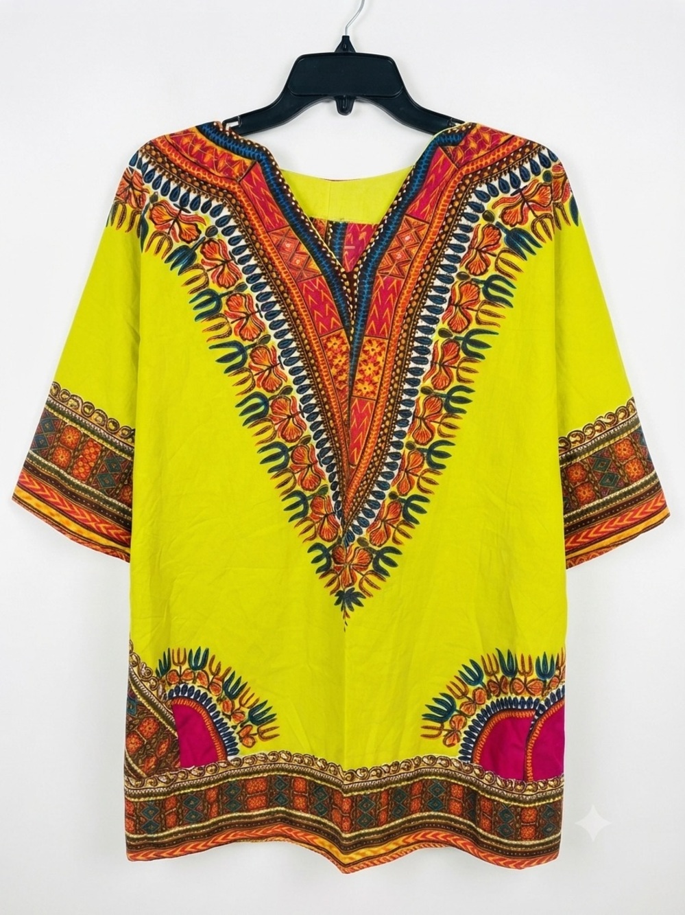 Bright Yellow Dashiki Tunic with Bold Multicolor Print